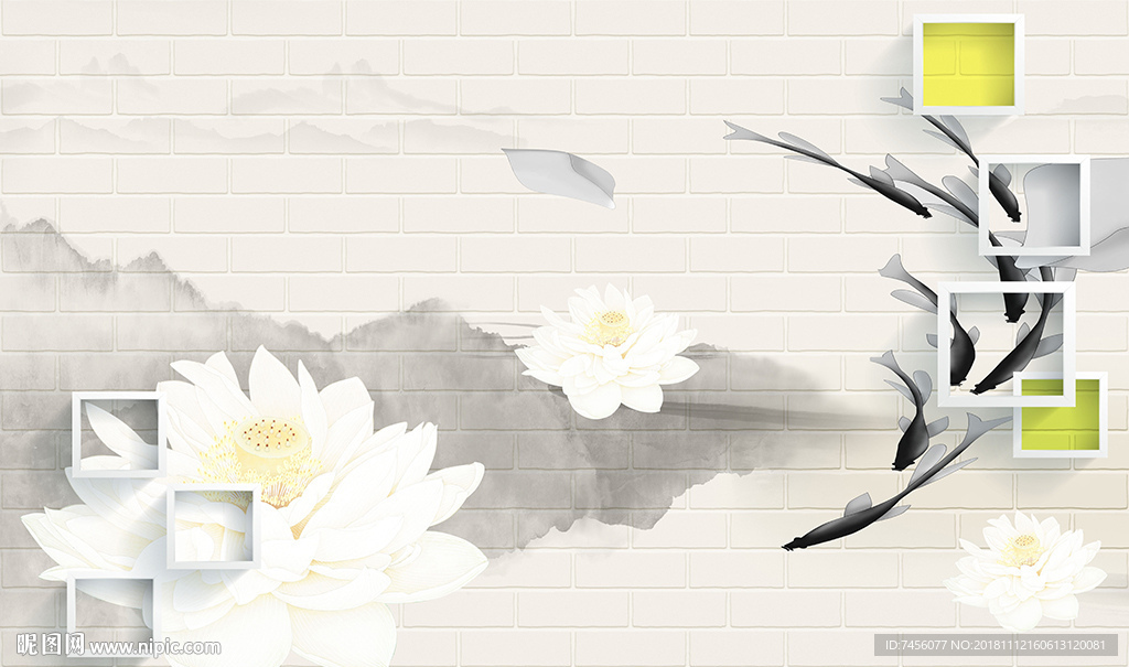 水墨白莲花高清立体背景墙