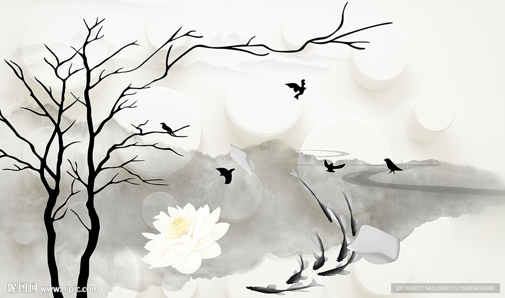 飞鸟树枝莲花水墨背景墙