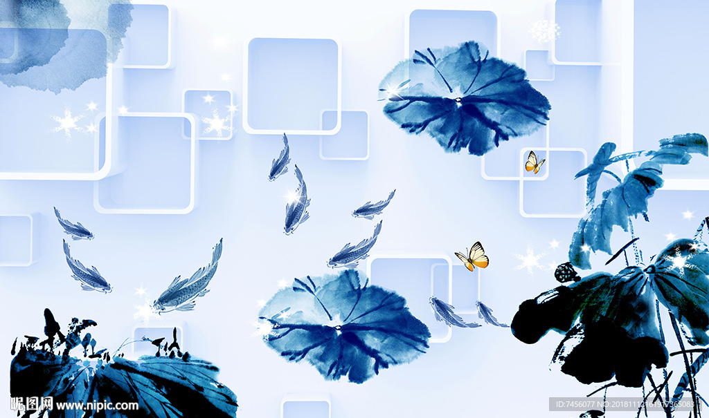 水墨莲花荷花游鱼立体背景墙