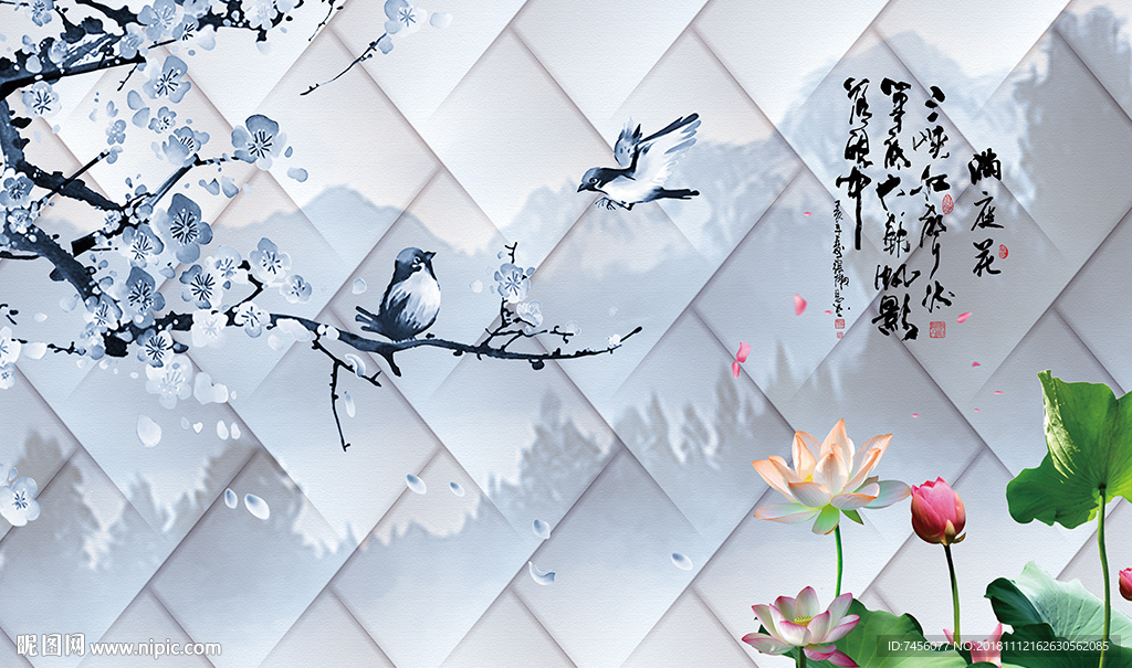 澜庭花花鸟软包立体背景墙