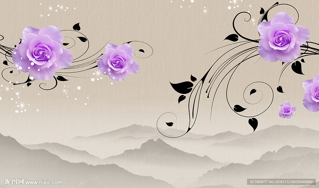 玫瑰花浪漫唯美水墨背景墙