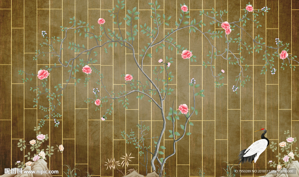 新中式花鸟水墨山水背景墙