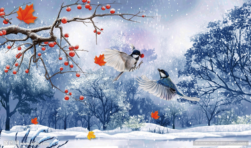冬季雪景树木飞鸟沙发背景墙