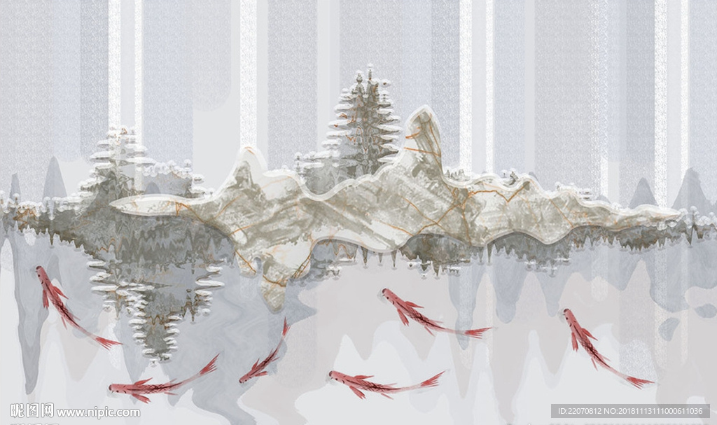 波浪大理石山水鱼群背景墙