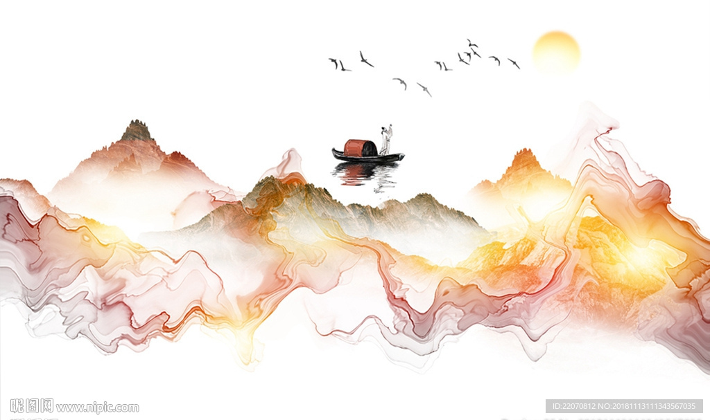 小船意境抽象山水背景墙