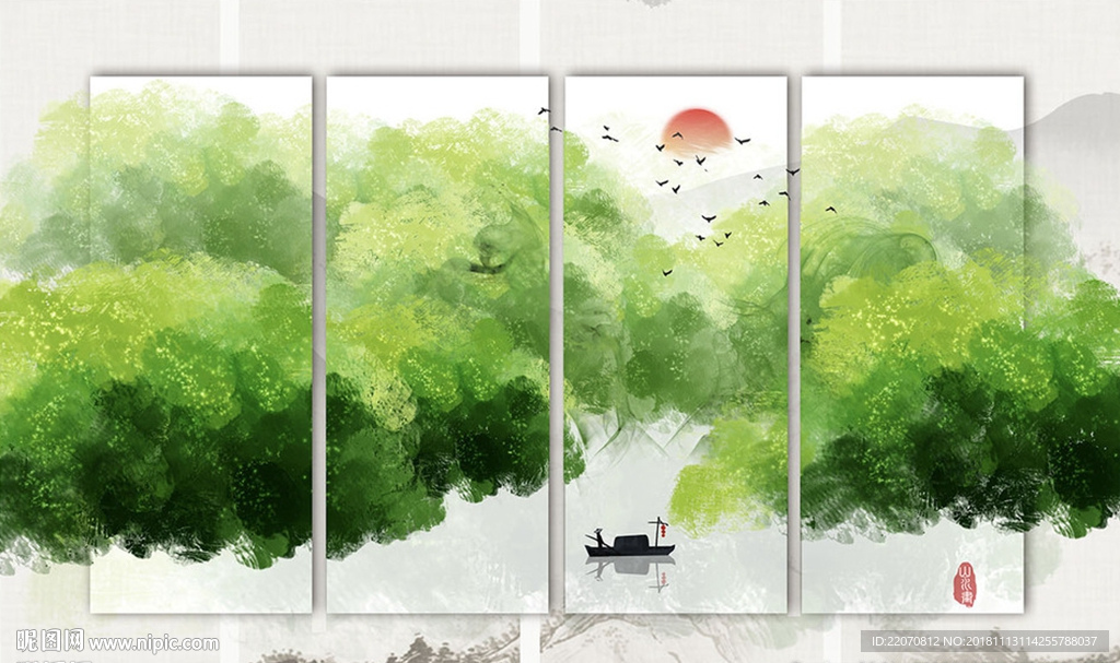 绿色创意山峦飞鸟小船背景墙