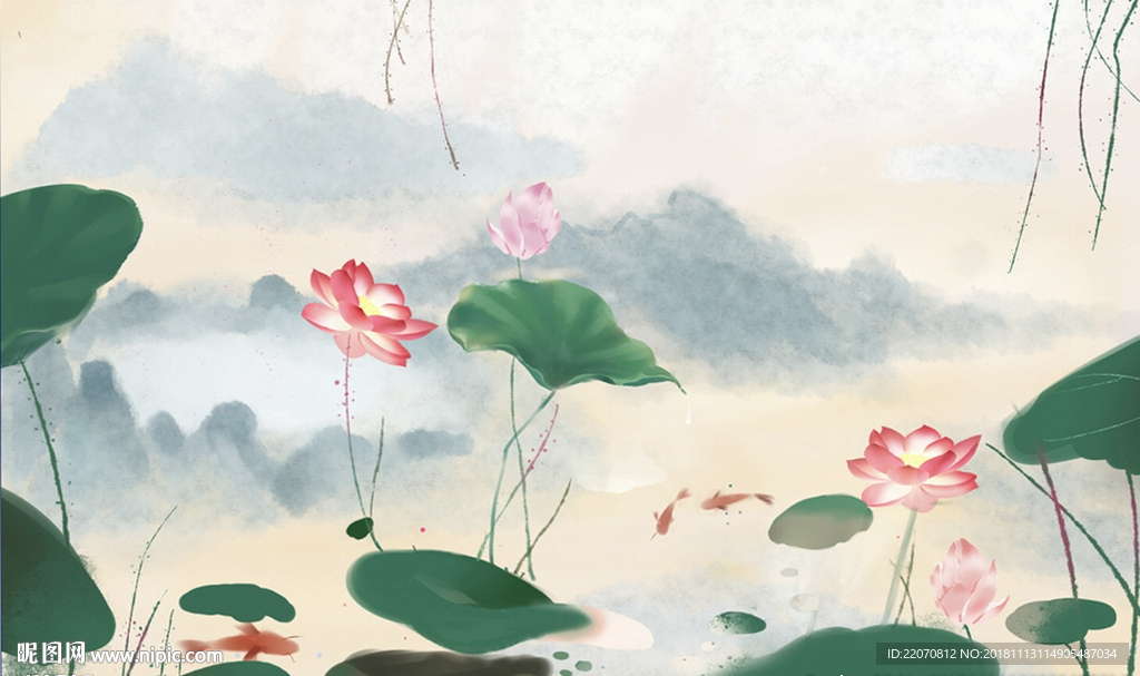 清新意境荷花金鱼山水背景墙