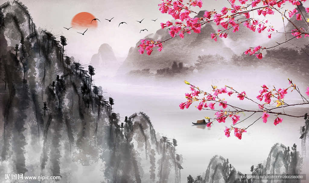 新中式唯美山水梅花背景墙