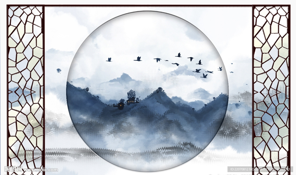 意境山水风景蓝色水墨背景墙