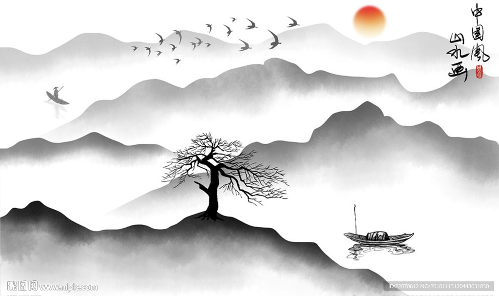 新中式中国风山水画背景墙图片