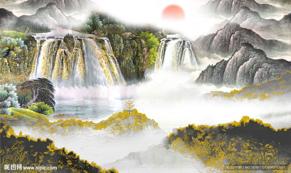 中式流水唯美风景背景墙