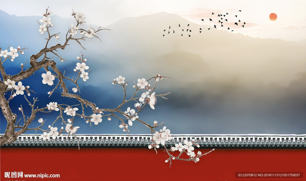 中式山水古典红墙写意花枝背景墙