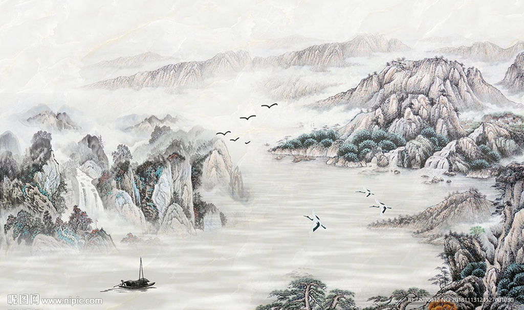 中式手绘水墨山水画背景墙