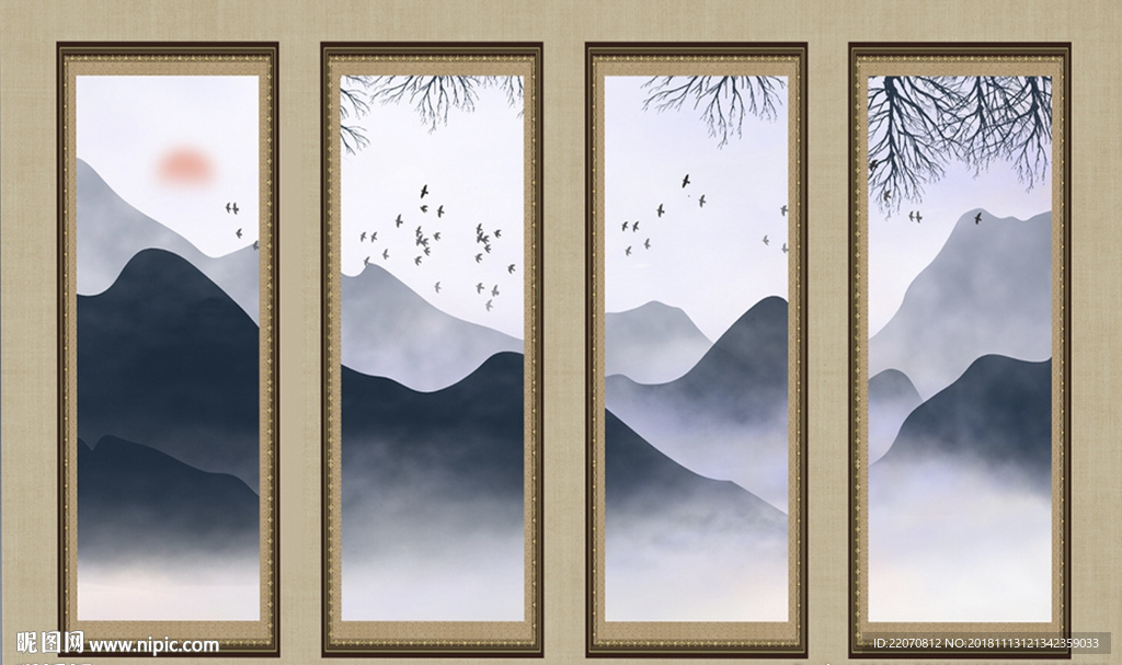 中式水墨山水日出飞鸟背景墙