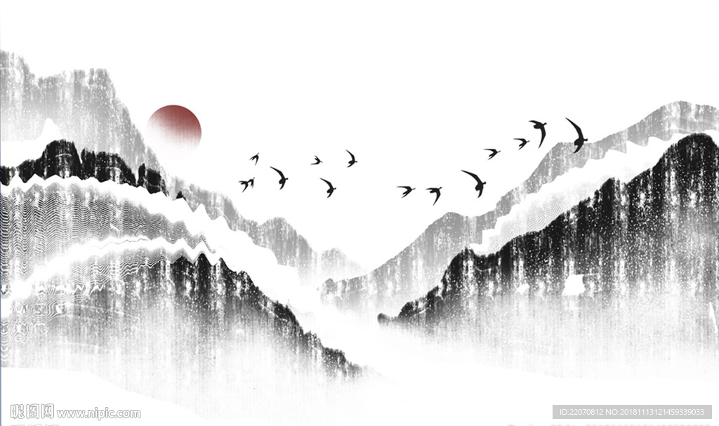 中式水墨意境山水飞鸟壁画背景墙