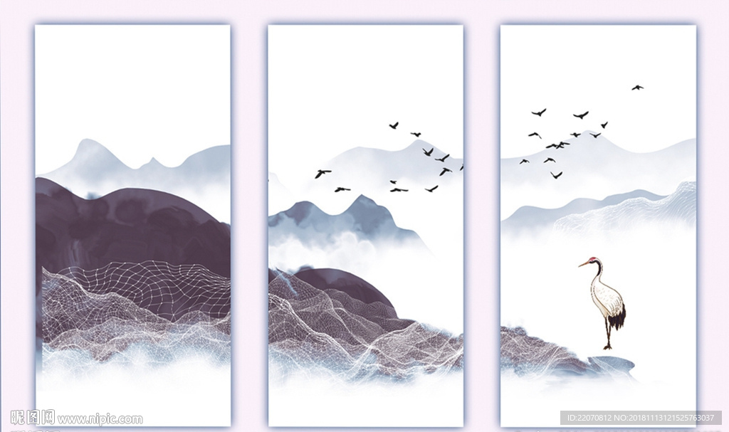 意境山水飞鸟仙鹤壁画背景墙