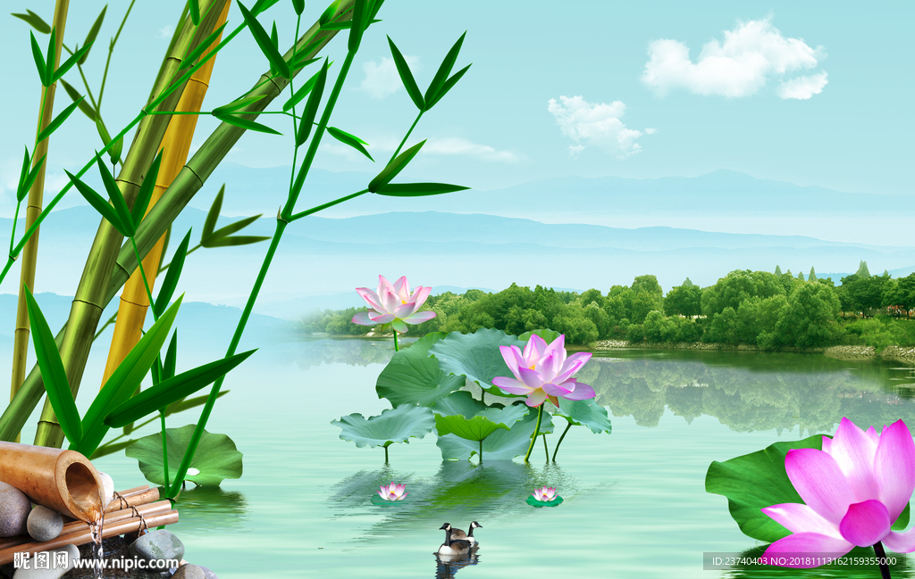 3D电视背景 中式荷花竹子