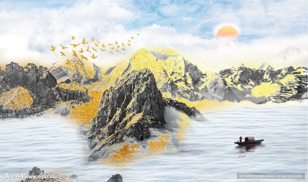 新中式大理石纹山水电视背景墙二
