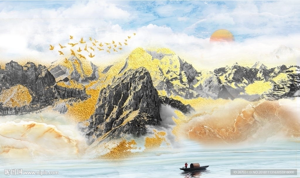 新中式大理石纹山水电视背景墙一