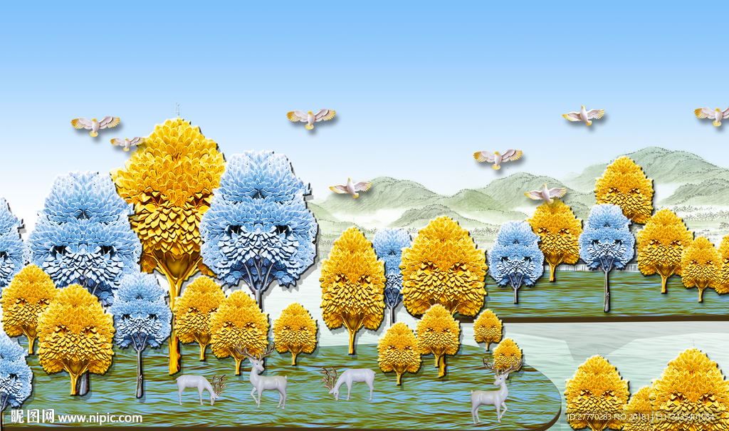 3D立体浮雕麋鹿花鸟背景墙