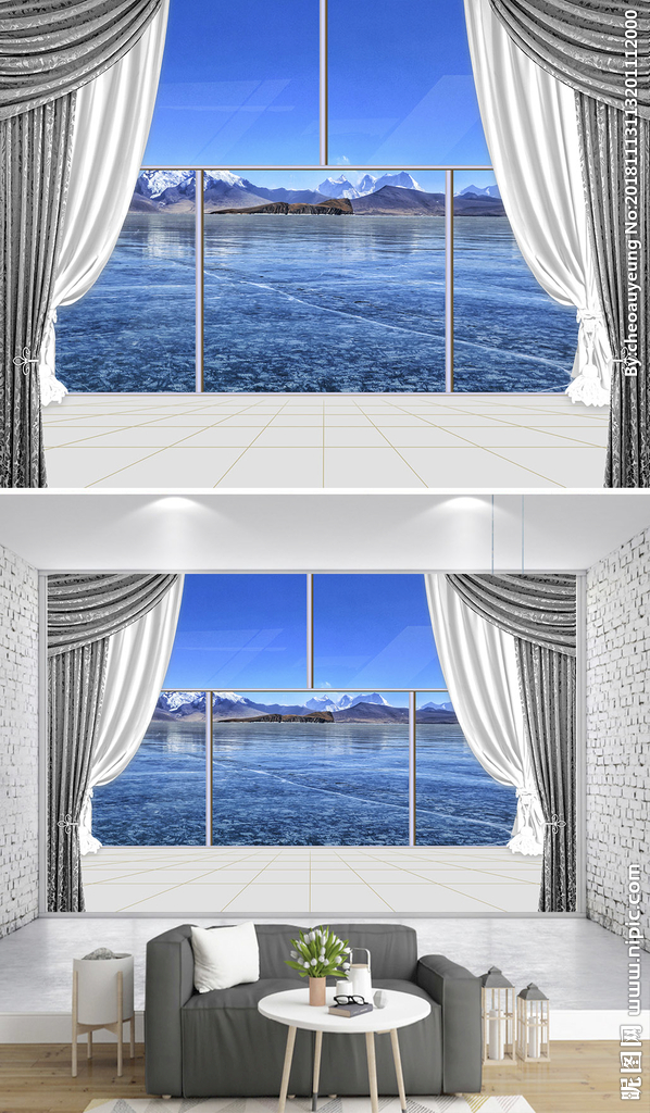 3D立体阳台窗户雪山沙发背景墙