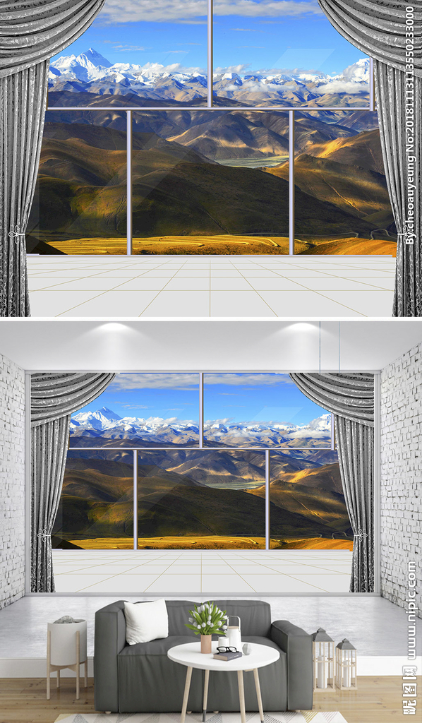 3D立体阳台窗户雪山沙发背景墙