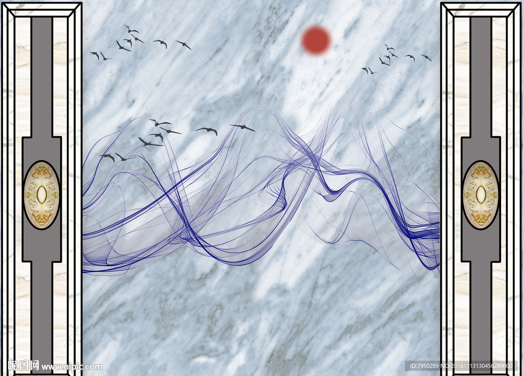 新中式花鸟水墨山水背景墙