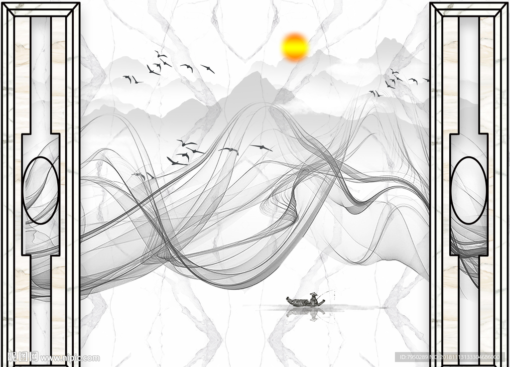 新中式花鸟水墨山水背景墙