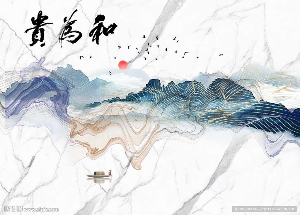 新中式花鸟水墨山水背景墙