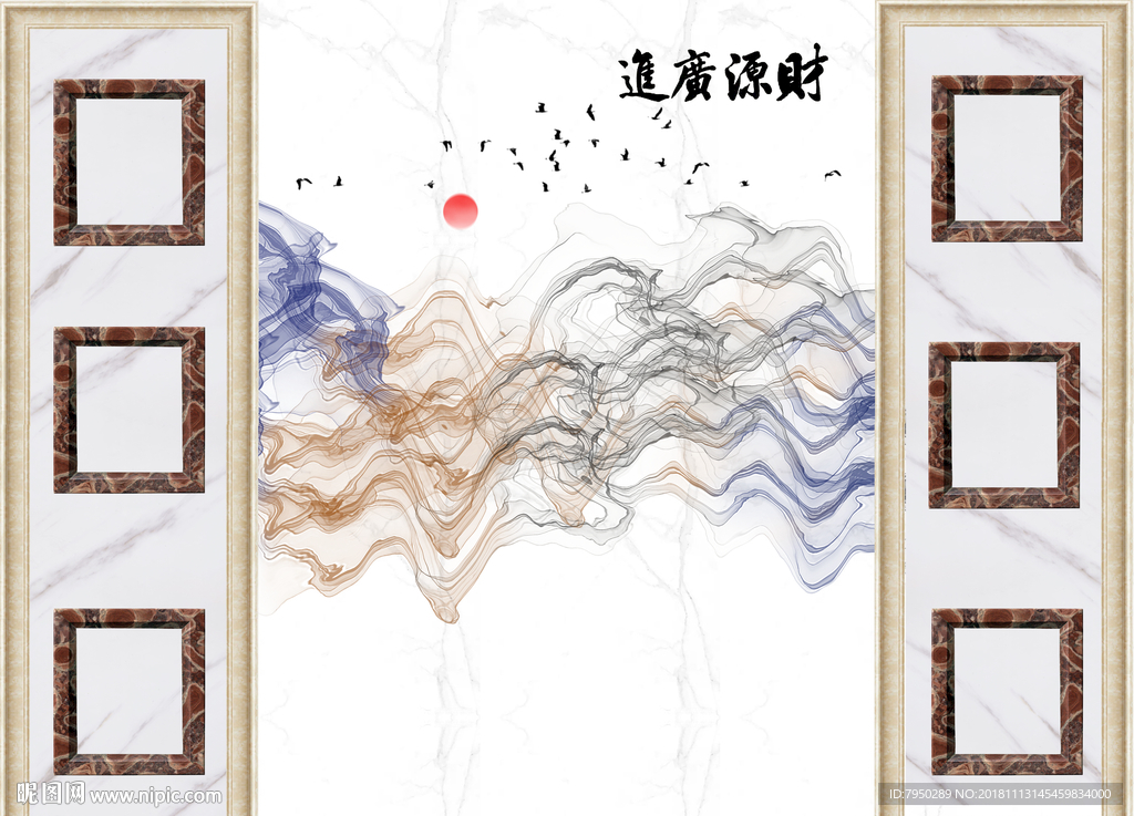 新中式花鸟水墨山水背景墙