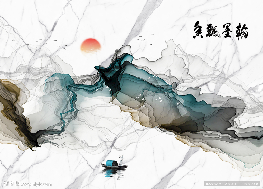 新中式花鸟水墨山水背景墙