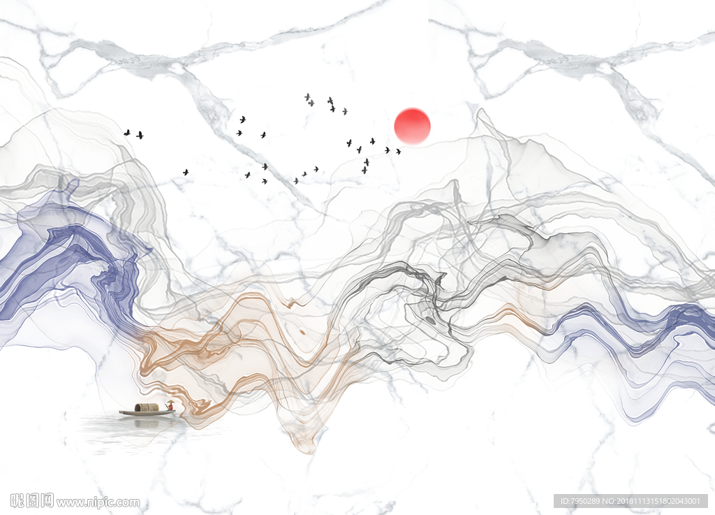新中式花鸟水墨山水背景墙