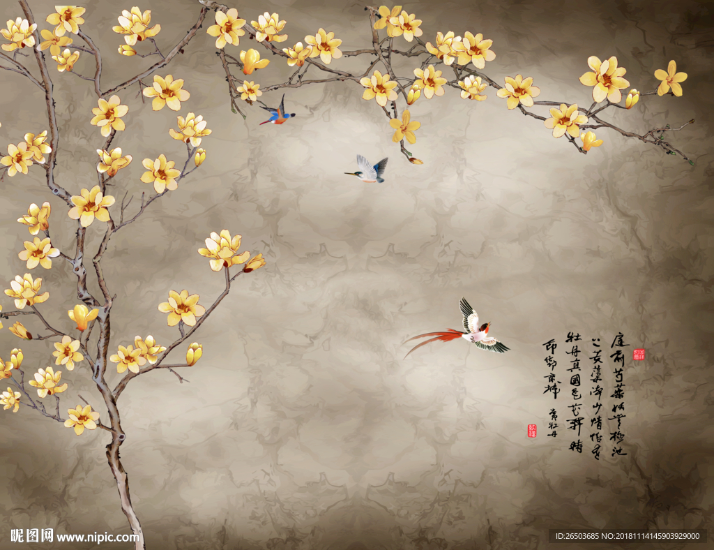 新款花鸟图背景墙