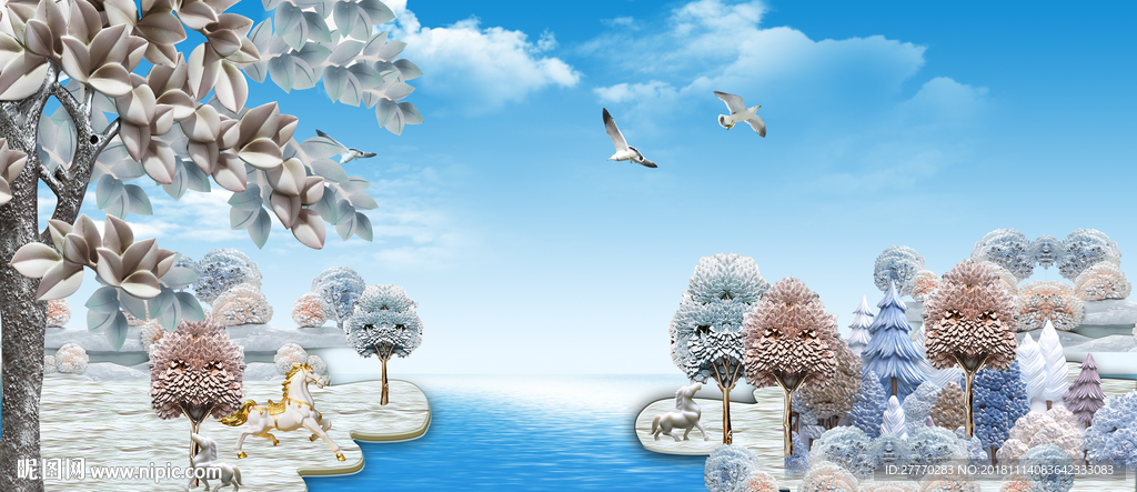 现代立体油画浮雕森林麋鹿背景墙