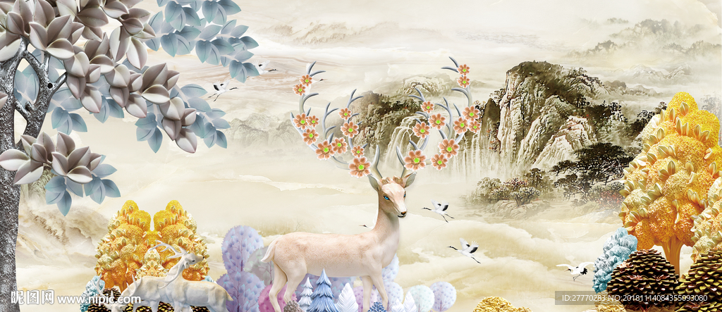 新中式浮雕发财树麋鹿飞鸟背景墙