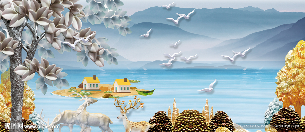 北欧现代简约浮雕麋鹿客厅背景墙