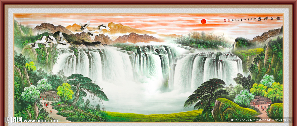 瀑布国画山水画