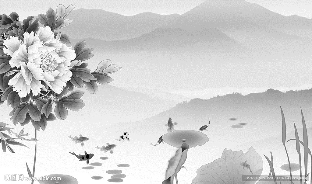 水墨牡丹花风景画背景墙