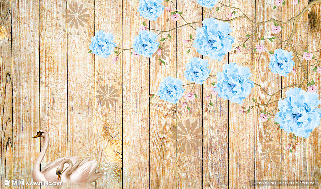 天鹅湖唯美蓝色花卉木板背景墙