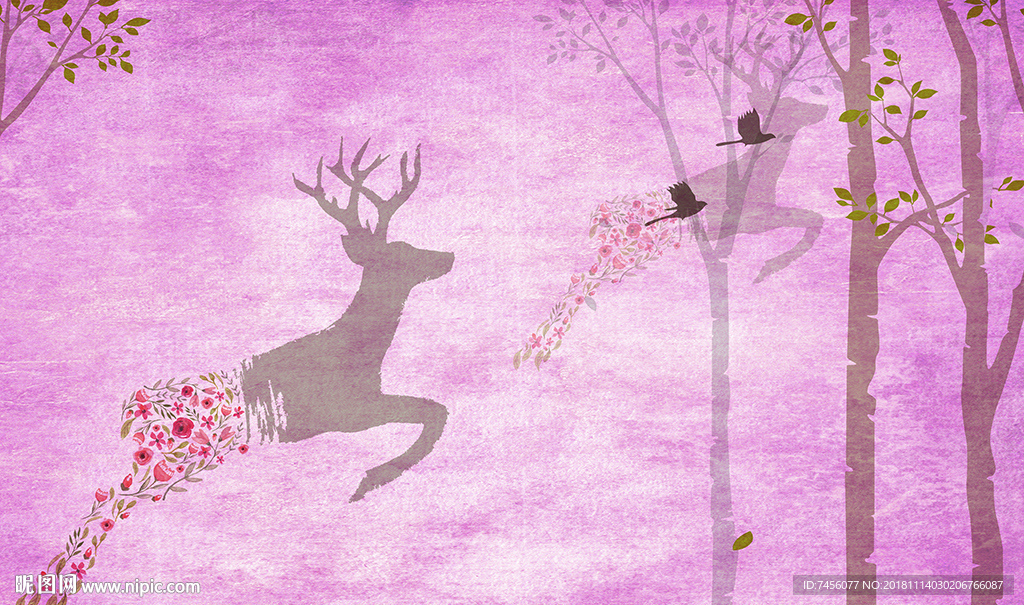 麋鹿丛林紫色风景画背景墙