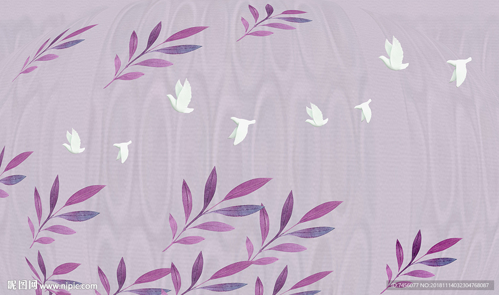 淡雅飞鸟树枝紫色背景墙