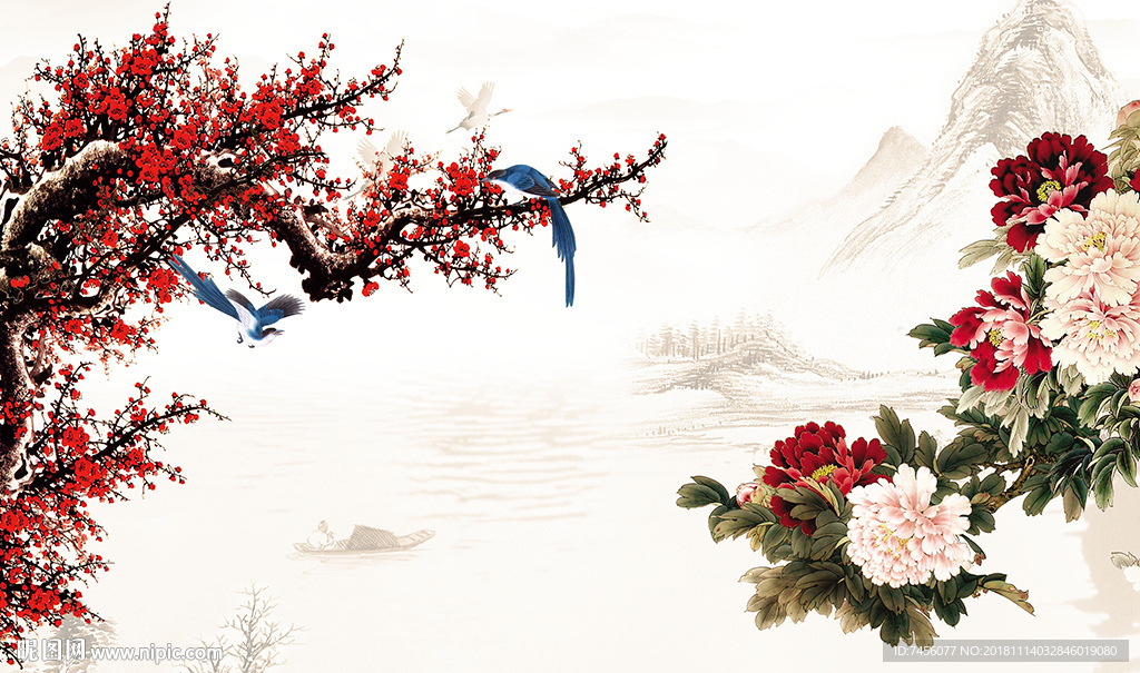 水墨花鸟牡丹花中式背景墙