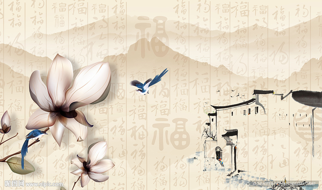 透明花卉水墨风景画背景墙