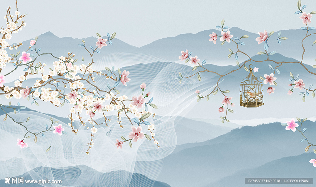 花鸟水墨山脉高清背景墙