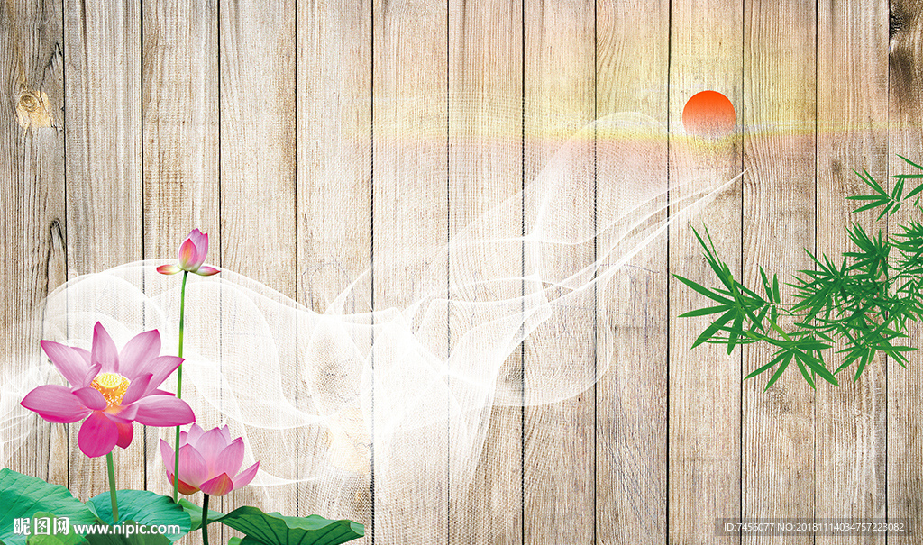 竹叶莲花高清木板立体背景墙-