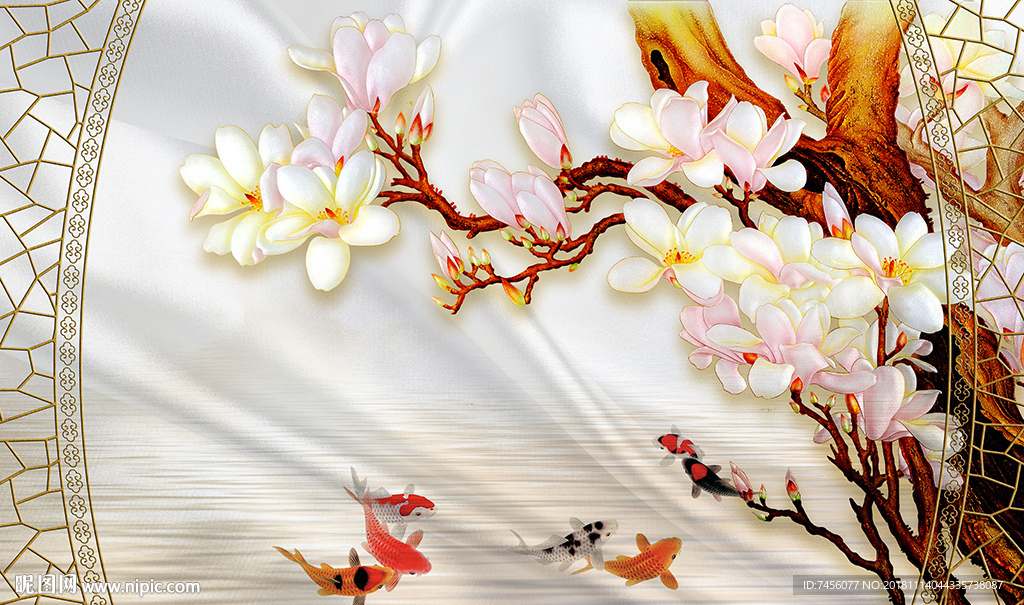 玉兰花玉兰树彩雕立体背景墙