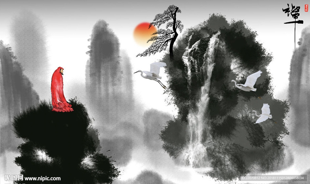 新中式禅意山水风景画背景墙