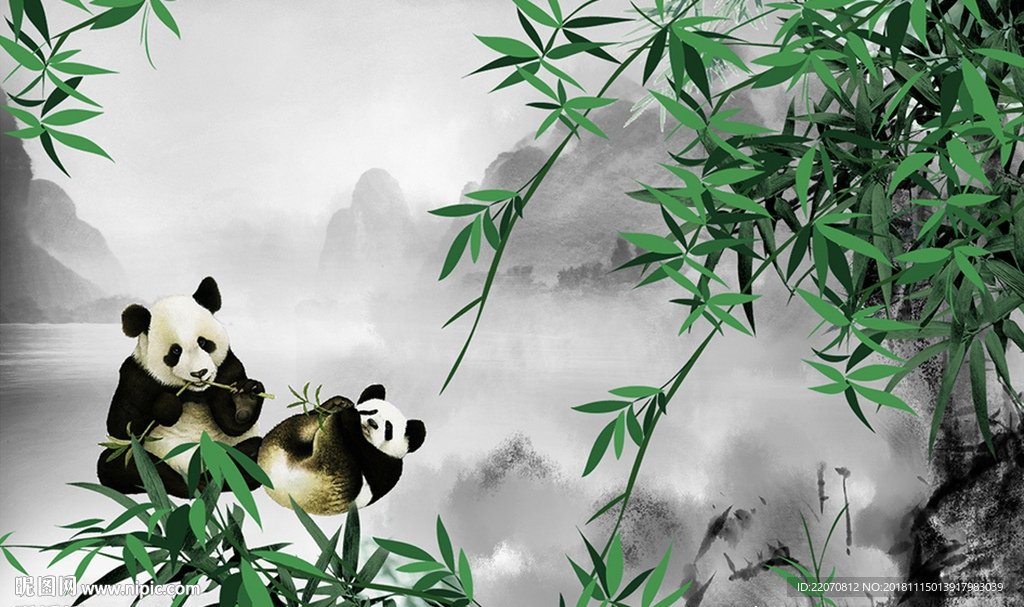 中式创意竹子熊猫背景墙