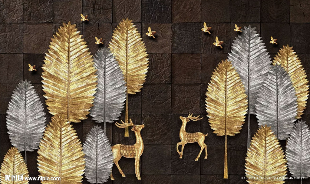 创意金银色树麋鹿鸟油画背景墙