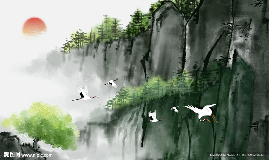 新中式绿色水墨山峦背景墙